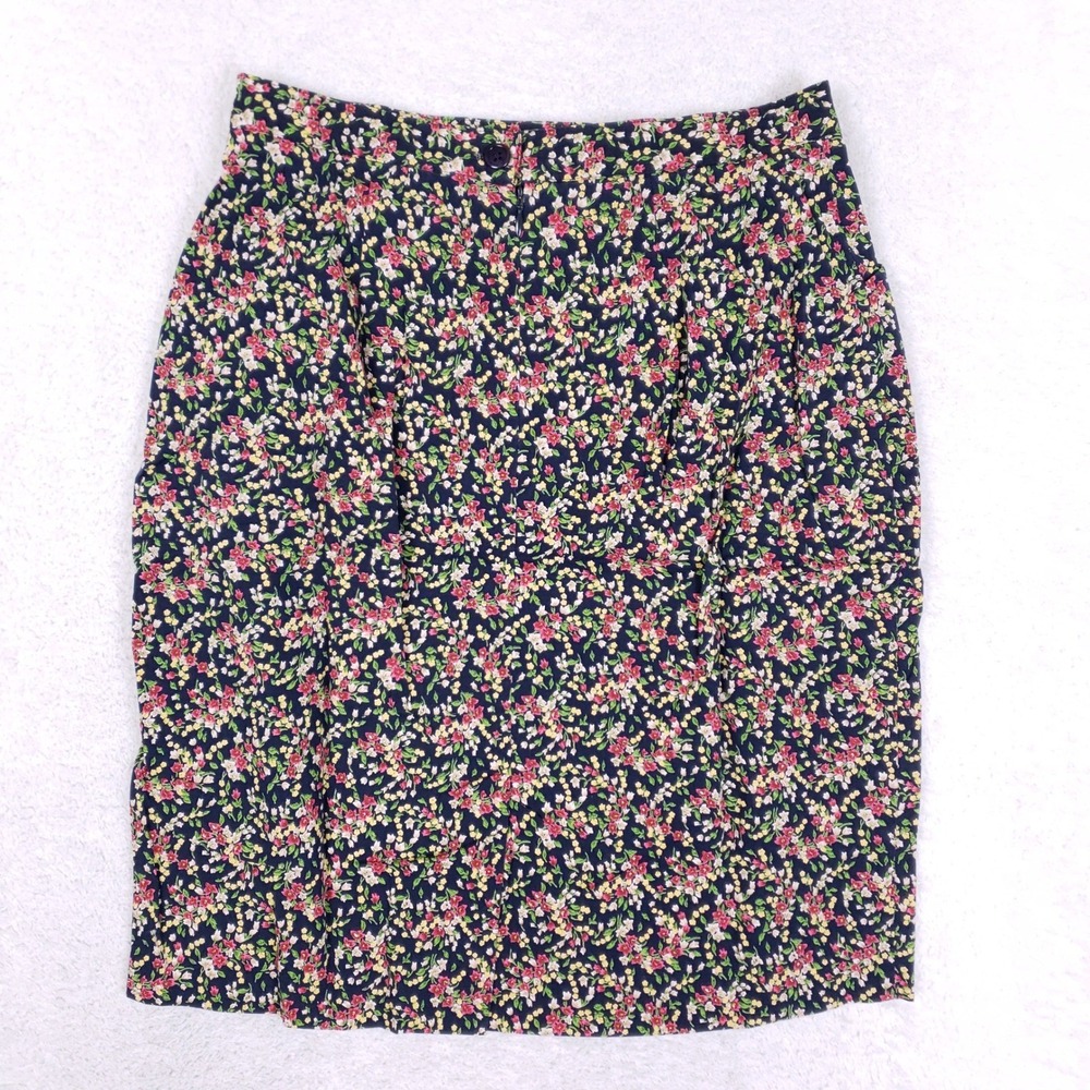 Vintage 90s Savion Floral Pencil Skirt Navy Blue Ditsy Print Cotton Blend Size 6